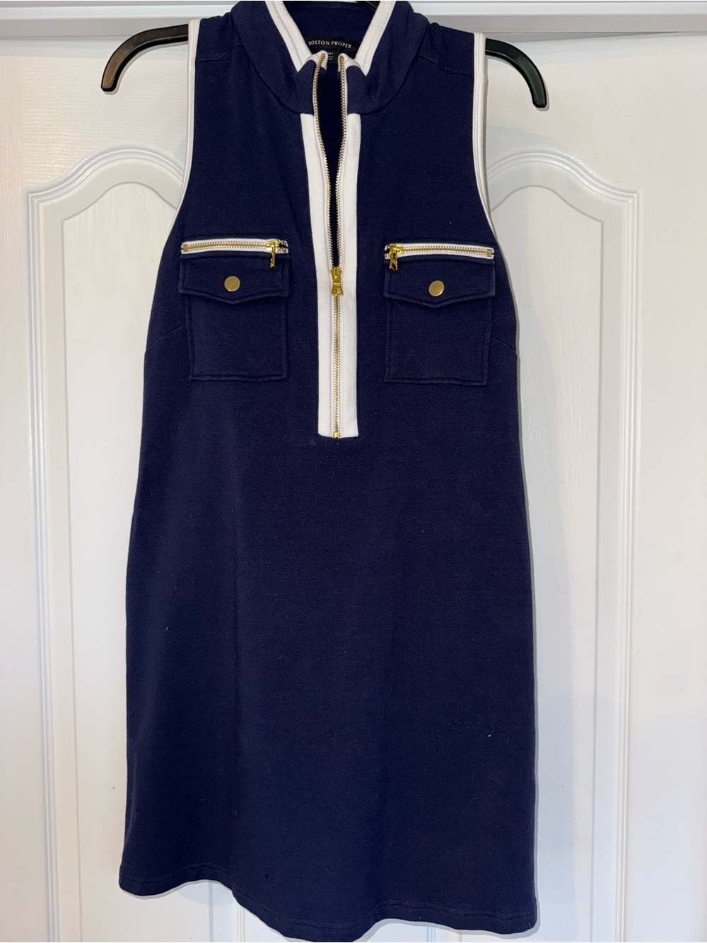 Boston Proper Navy Sleeveless Midi Dress with White Trim